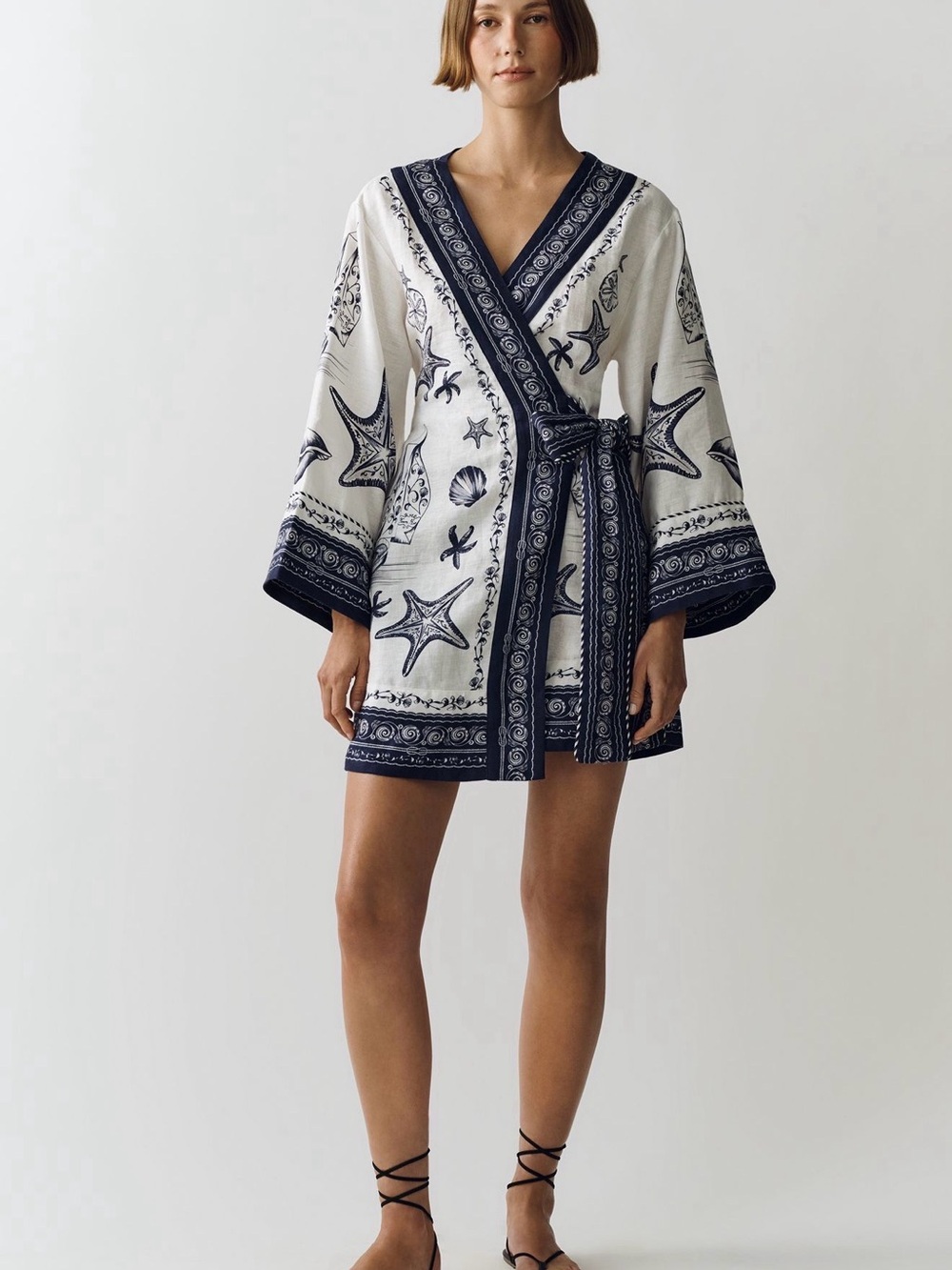 FARM Rio White and Navy Starfish Wrap Mini Dress